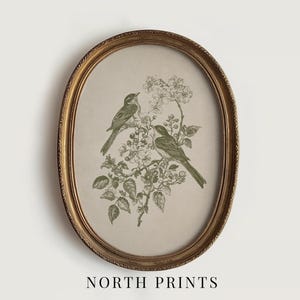 May include: An oval framed print featuring two birds perched on a flowering branch. The birds and foliage are rendered in shades of green against a beige background. The frame is gold-toned, and the text "NORTH PRINTS" is at the bottom.