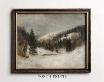 Winter Alpine Landscape Art, Snowy Forest Wall Decor, Neutral Rustic Winter Print, PRINTABLE Digital Art Download W2-16