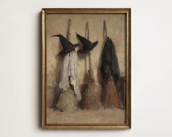 Witch Broom Painting, Vintage Halloween Wall Art, Moody Gothic Wall Decor, PRINTABLE Digital Download North Prints A-84