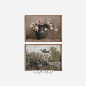 May include: Two framed vintage art prints. The top print features a bouquet of pale pink roses in a dark gray vase. The bottom print shows a cottage with a garden of pink roses.