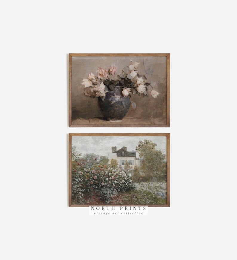 May include: Two framed vintage art prints. The top print features a bouquet of pale pink roses in a dark gray vase. The bottom print shows a cottage with a garden of pink roses.