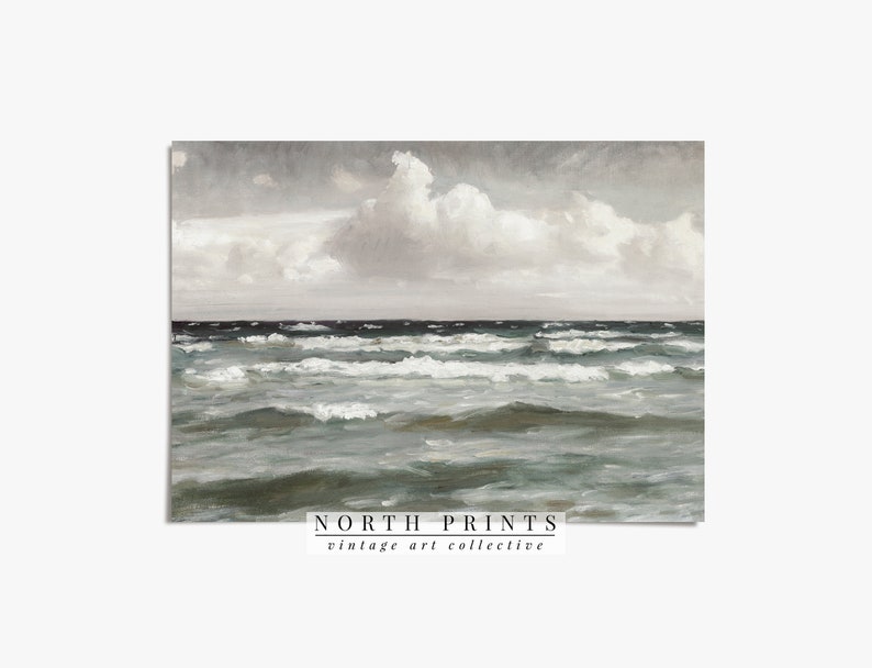 May include: A painting of a seascape with a cloudy sky and choppy waves. The water is a light blue-green color and the sky is a light gray. The painting is signed "NORTH PRINTS vintage art collective" in the bottom right corner.