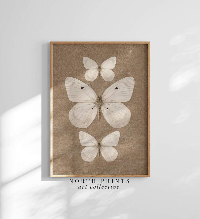 May include: A framed print of three white butterflies on a brown background. The print is titled "North Prints - art collective".