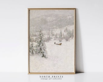 Snowy Winter Landscape Print, Vintage Christmas Nordic Farmhouse Art PRINTABLE, Digital North Prints W-28