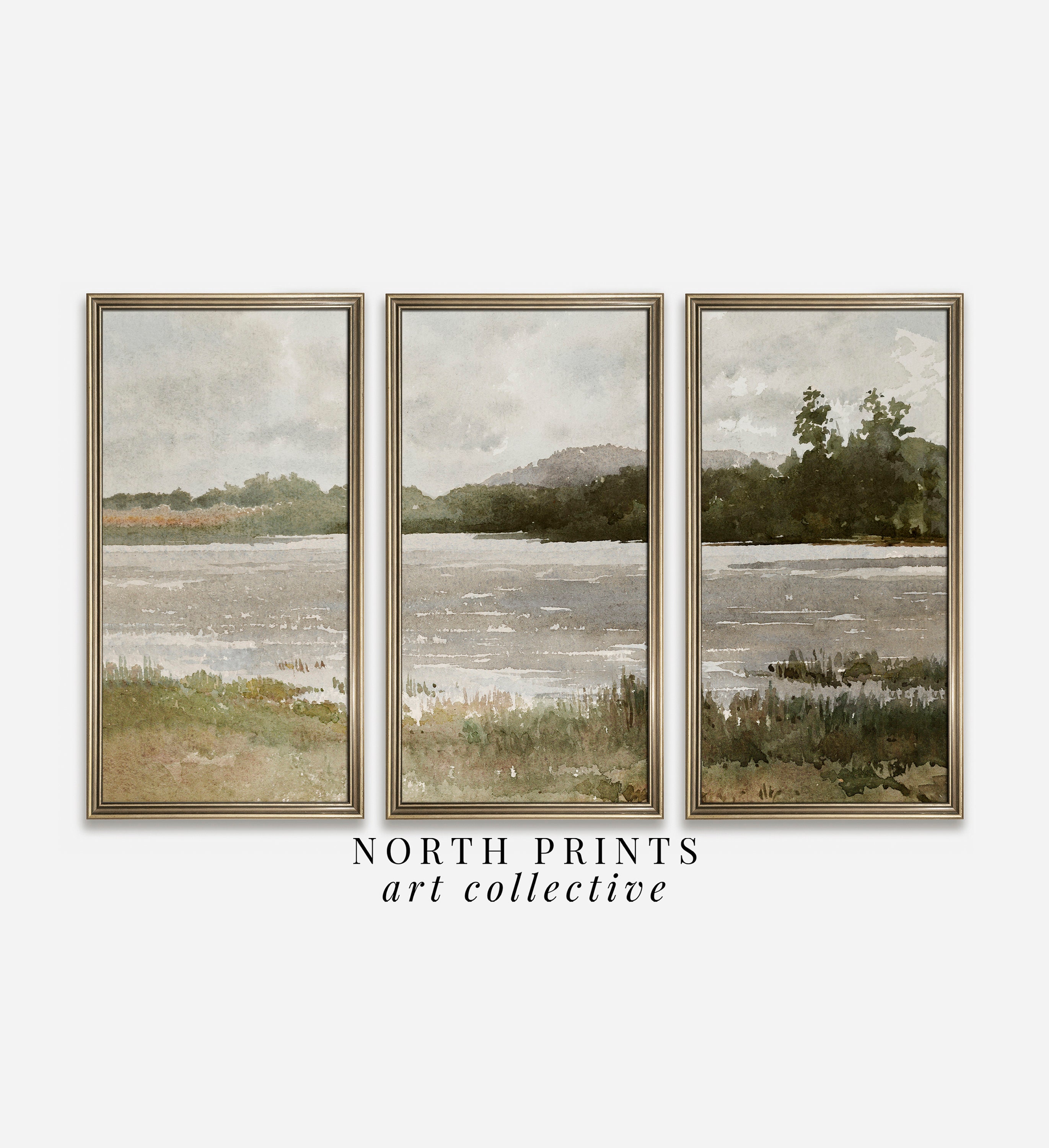 Triptych Lake Landscape Print Set: Muted Green Nature Scene