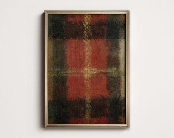 Red Tartan Plaid Wall Art, Scottish Heritage Tweed Textile Painting, Rustic Highland Country Home Decor PRINTABLE Digital Download 10-174