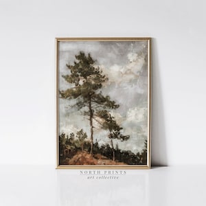 May include: A framed painting of a forest scene with two tall pine trees in the foreground and a cloudy sky in the background. The painting is done in a muted palette of greens, browns, and grays.
