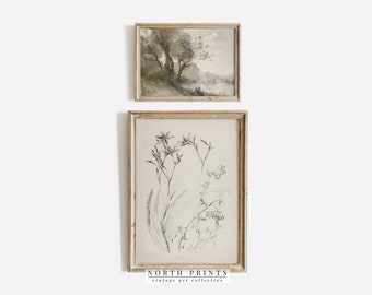 Neutral Light Aesthetic SET of Two Art Prints | Wooded Lake Scenery Botanical Sketch | PRINTABLE Downloadable | S2-96
