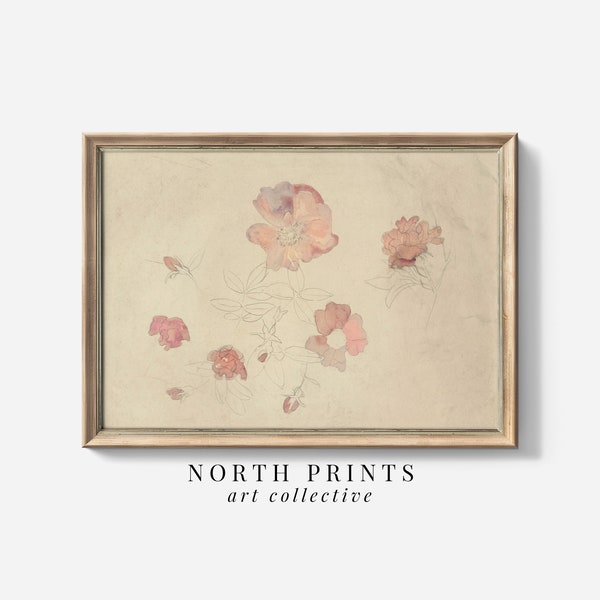 Mädchenzimmer Antike botanische rosa und cremefarbene Aquarellmalerei | Schlafzimmer Kunst DRUCKBARE Digitale Wandkunst Norddrucke | 6-22