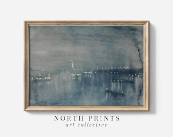 Dark Blue Cityscape Painting: Vintage Evening Skyline (Printable Digital) 6-59