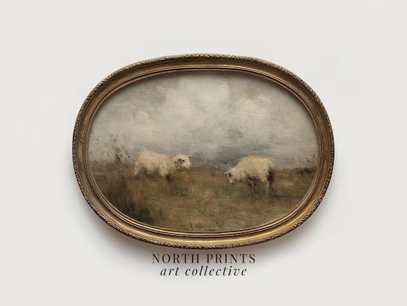 Vintage Sheep Pastoral Landscape Painting, Printable Nursery Wall Art, Rustic Farmhouse Decor, Digital Download North Prints 10-160