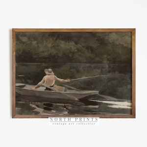 Lakehouse Aquarell Fischer Dekor, Vintage Angeln Aquarell Malerei, Geschenk für Männer Digital herunterladbare DRUCKBARE Kunst, Nord Drucke #640