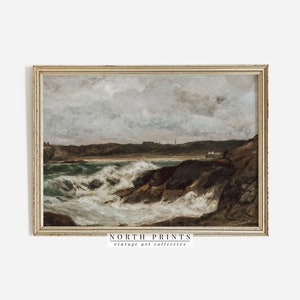 May include: A vintage painting of a stormy seascape with crashing waves and a rocky coastline. The painting is framed in a gold-colored frame and has a muted color palette of blues, grays, and browns.