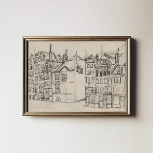 Antique Architecture Pencil Sketch Art, Old Cityscape Line Drawing of Amsterdam, Digital PRINTABLE Wall Art 562