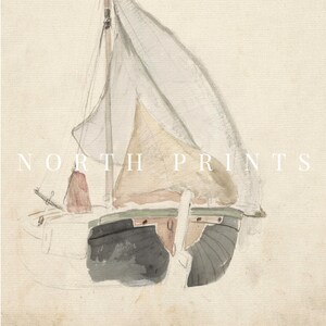 Puede incluir: Una pintura de acuarela de un velero con una vela blanca y un casco marr&oacute;n. El barco est&aacute; parcialmente sumergido en el agua y la vela se hincha con el viento. La pintura est&aacute; firmada "NORTH PRINTS" en la esquina inferior derecha.