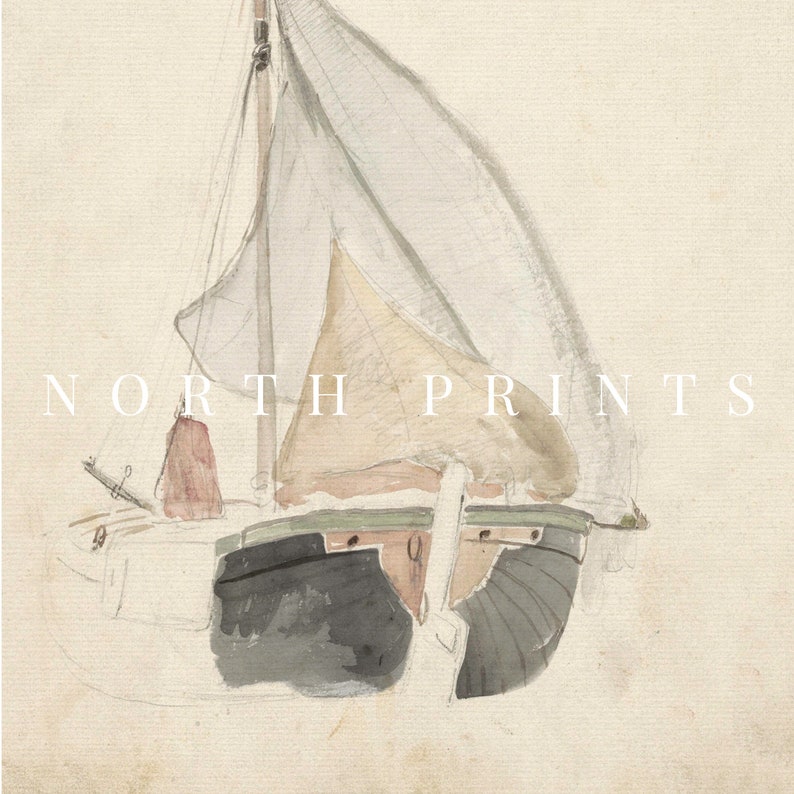 Puede incluir: Una pintura de acuarela de un velero con una vela blanca y un casco marr&oacute;n. El barco est&aacute; parcialmente sumergido en el agua y la vela se hincha con el viento. La pintura est&aacute; firmada "NORTH PRINTS" en la esquina inferior derecha.