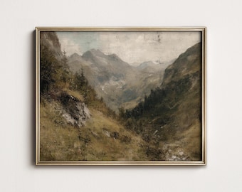Puede incluir: Una pintura vintage que representa un paisaje de montaña con un valle en primer plano. La pintura está enmarcada en un marco dorado y tiene una paleta de colores apagados de marrones, verdes y grises.