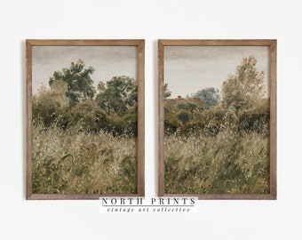 May include: A set of two framed landscape paintings depicting a field of tall grass and trees in the distance. The paintings are in a rustic brown frame.