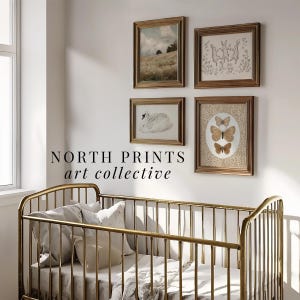May include: A gold crib with white bedding and four framed prints on the wall behind it. The prints feature a landscape, a swan, butterflies, and rabbits. The text "NORTH PRINTS art collective" is below the prints.