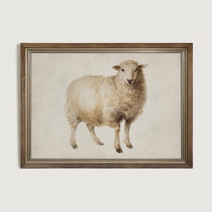 May include: Watercolor painting of a sheep in a wooden frame. The sheep is depicted in shades of white and tan, with a fluffy coat and standing on four legs. The artwork has a vintage, rustic aesthetic.