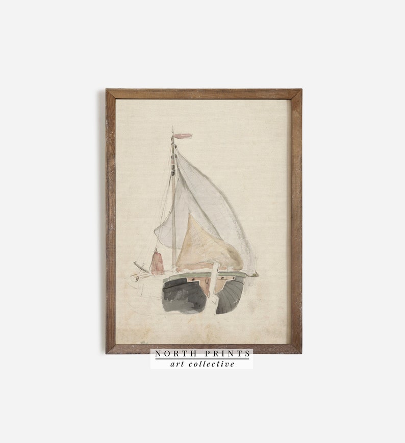 Puede incluir: Una pintura de acuarela de un velero con una vela blanca y un casco marr&oacute;n. La pintura est&aacute; enmarcada en un marco de madera marr&oacute;n claro. El texto "NORTH PRINTS art collective" est&aacute; impreso debajo de la imagen.