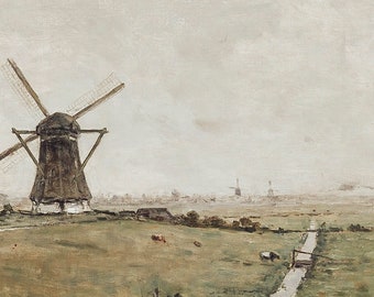 オランダの風車の風景画｜ヴィンテージオランダの田園風景油絵（印刷