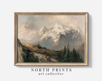 May include: A framed painting depicting a mountainous landscape with snow-covered peaks, a misty valley, and a foreground of rocky terrain and trees.