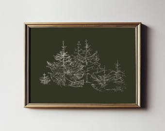 Puede incluir: Una impresión enmarcada de una escena de bosque con dibujos de pinos en líneas blancas sobre un fondo verde oscuro.