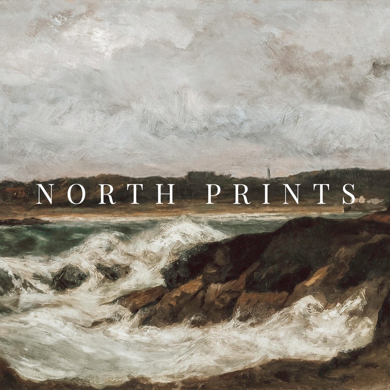May include: A painting of a stormy seascape with crashing waves and a rocky coastline. The sky is overcast and gray, with a hint of blue in the distance. The painting is titled "NORTH PRINTS".
