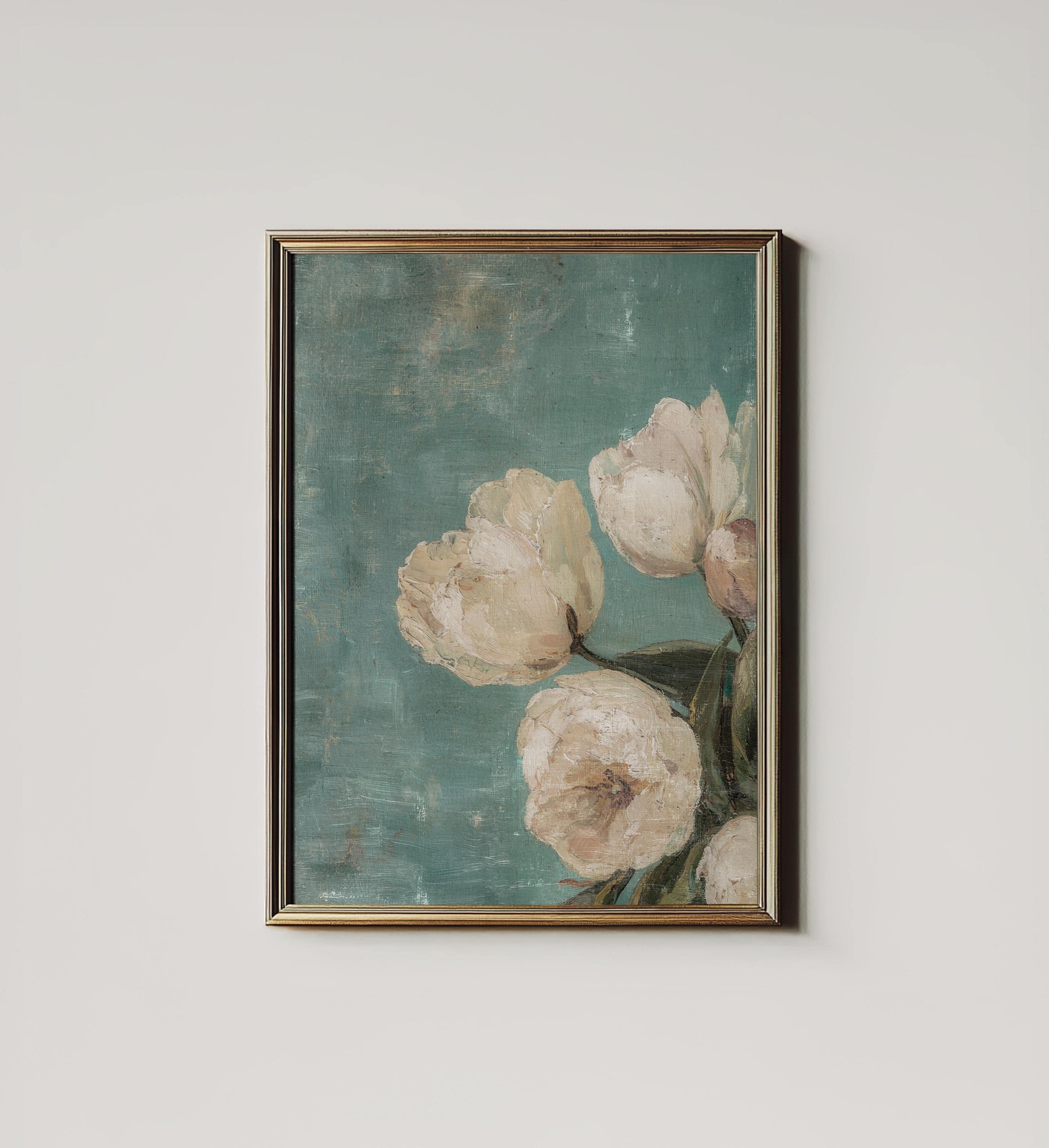 Tulip Oil Painting: Teal Botanical Print, Rustic Floral Wall Decor (Printable Digital Download) 8-108