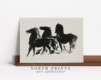 May include: Black and white line art print of three horses running. The print is on a cream-colored background and has the text "NORTH PRINTS art collective" at the bottom.