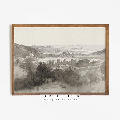 Muted Watercolor Landscape | Rustic Valley Print | Neutral Poster Download Digital PRINTABLE #659