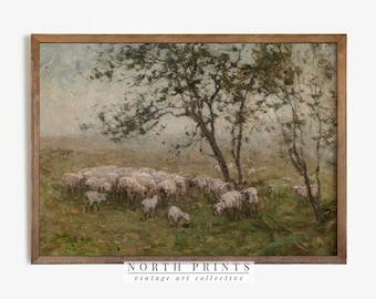 Schaf Ölgemälde, Land Bauernhof Tierdruck, Vintage Landschaft, Norddrucke #587