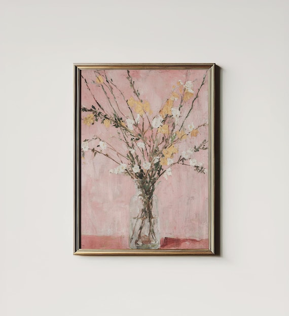 抽象画 ピンク 花 アート作品 ピンクの花の抽象画：現代の植物アート（デジタル印刷可能ダウンロード