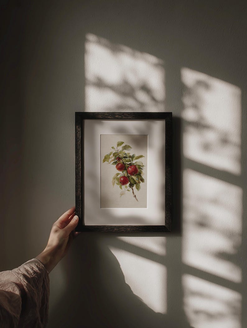 Peut inclure: Une impression encadr&eacute;e &agrave; l'aquarelle d'une branche avec des pommes rouges et des feuilles vertes. L'&oelig;uvre est dans un cadre en bois fonc&eacute; avec un passe-partout blanc. L'image est tenue par une main, avec des ombres sur le mur.