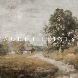 May include: A painting of a rural landscape with a small house, a winding path, and a large tree in the foreground. The sky is overcast and the colors are muted. The text "NORTH PRINTS" is superimposed on the image.