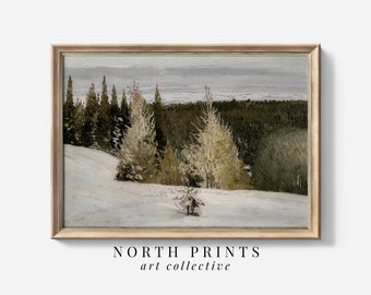 Pintura de paisaje de bosque invernal imprimible / Paisaje campestre melancólico vintage Descarga digital / W75