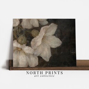 May include: A close-up of a painting featuring delicate white flowers with soft, textured petals against a dark background.