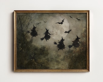 Moonlit Witch Painting, Vintage Halloween Wall Art, Dark Gothic Landscape Printable Digital Art Download North Prints A-133