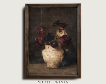 Dark Floral Still Life Print, Vintage Botanical Bouquet, Moody Cottage Wall Art, Old World Decor, PRINTABLE Digital Download 13-150