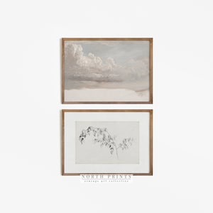 May include: Two framed art prints. The top print depicts a cloudy sky in shades of gray, brown, and blue. The bottom print is a black and white sketch of a plant. The frames are a light brown color. The text "NORTH PRINTS vintage art collective" is at the bottom.