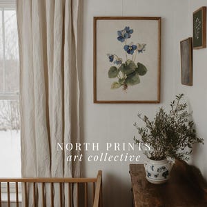 K&ouml;nnte beinhalten: Ein gerahmter botanischer Druck mit blauen Blumen und gr&uuml;nen Bl&auml;ttern h&auml;ngt an einer wei&szlig;en Wand. Der Druck befindet sich in einem Holzrahmen. Das Bild zeigt auch ein Holzbett, einen beigen Vorhang und eine kleine Topfpflanze auf einer Holzkommode. Der Text "NORTH PRINTS art collective" ist sichtbar.
