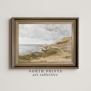 Vintage Seaside Landscape Painting | Antique Muted Green Wall Art | Digital PRINTABLE | 1059