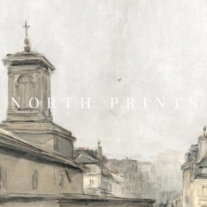 May include: A watercolour painting of a cityscape with a church steeple in the foreground. The painting is done in muted tones of grey and white, with a hint of blue in the sky. The text "NORTH PRINTS" is visible in the lower centre of the painting.