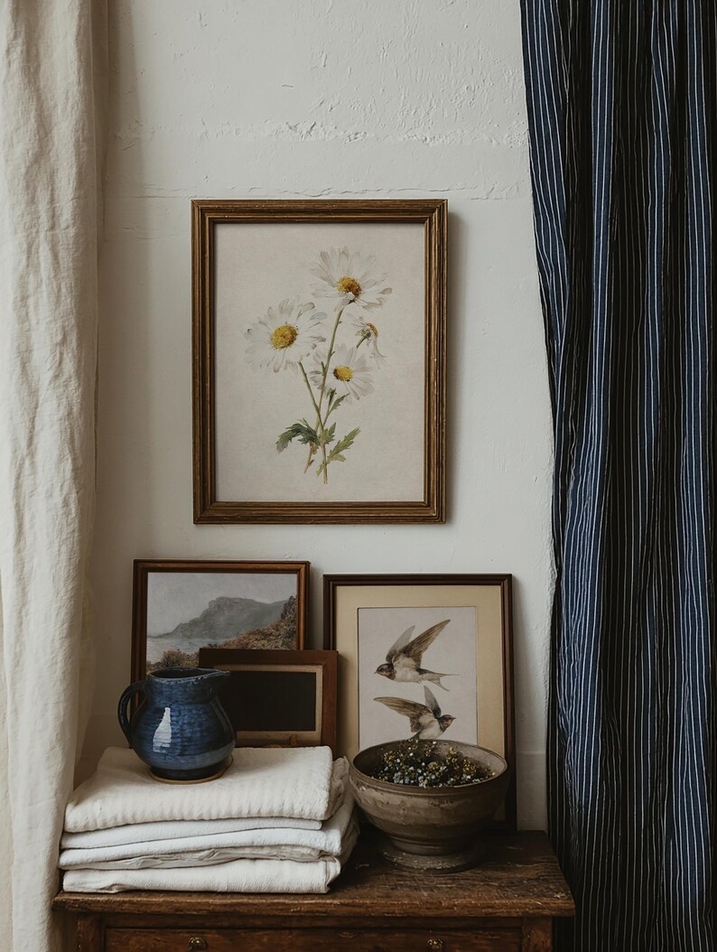 Op de afbeelding: Een stilleven met ingelijste botanische prenten en een blauwe keramische kan. De prenten tonen madeliefjes en zwaluwen. Een stapel wit linnen en een houten kom met gedroogde bloemen zijn ook zichtbaar.