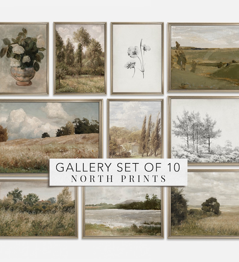 Op de afbeelding: Een set van 10 ingelijste kunstprints met landschappen en bloemenmotieven. De prints zijn in een gedempte kleurenpalet met tinten groen, bruin en wit. De tekst "GALLERY SET OF 10 NORTH PRINTS" wordt in het midden van de afbeelding weergegeven.
