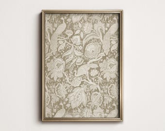 May include: A framed print featuring a detailed floral and peacock design in shades of beige and cream. The artwork is enclosed in a gold-colored rectangular frame, creating a classic and elegant aesthetic. The print is mounted on a white wall.