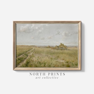 May include: A framed painting of a landscape with a dirt road leading to a body of water. The sky is a light blue with white clouds. The grass is green and the water is a light blue.