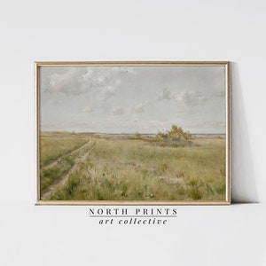 May include: A painting of a landscape with a dirt road leading to a body of water. The sky is a light blue with white clouds. The grass is green and there are some trees in the distance.