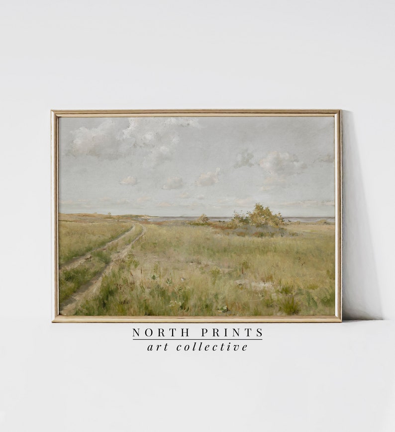 May include: A painting of a landscape with a dirt road leading to a body of water. The sky is a light blue with white clouds. The grass is green and there are some trees in the distance.